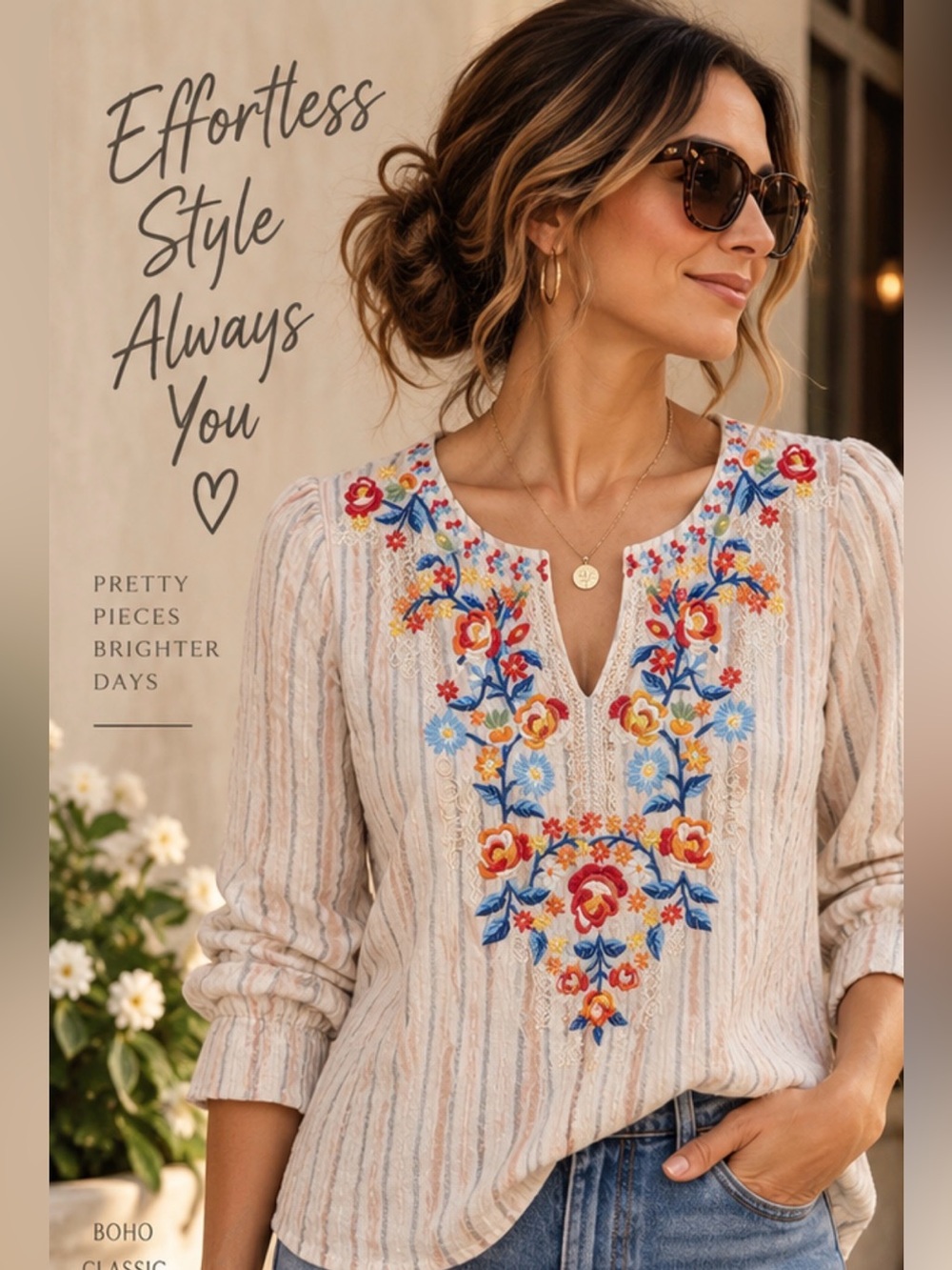 Savanna Jane Embroidered Striped Boho Blouse M